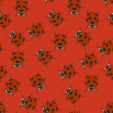 Red seamless pattern with ladybugs. Vector illustration.