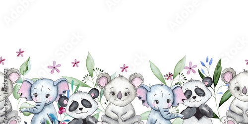 Hand-drawn watercolor children’s animals seamless borders with cute lion, giraffe, elephant, Rhino, monkey, Zebra, crocodile, iguana, wombat, Panda, Koala 