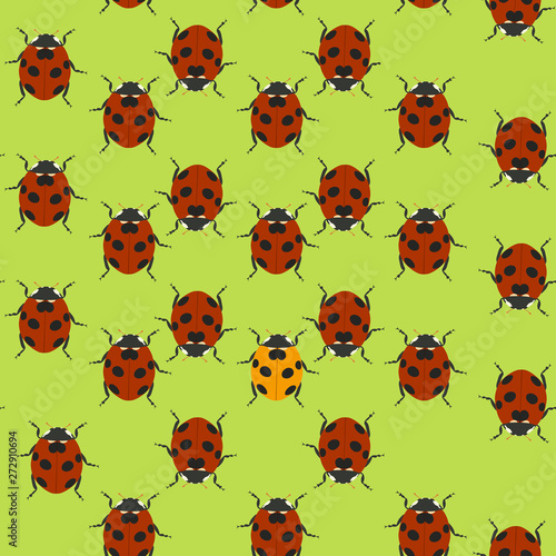 Green seamless pattern with ladybugs. Vector illustration.