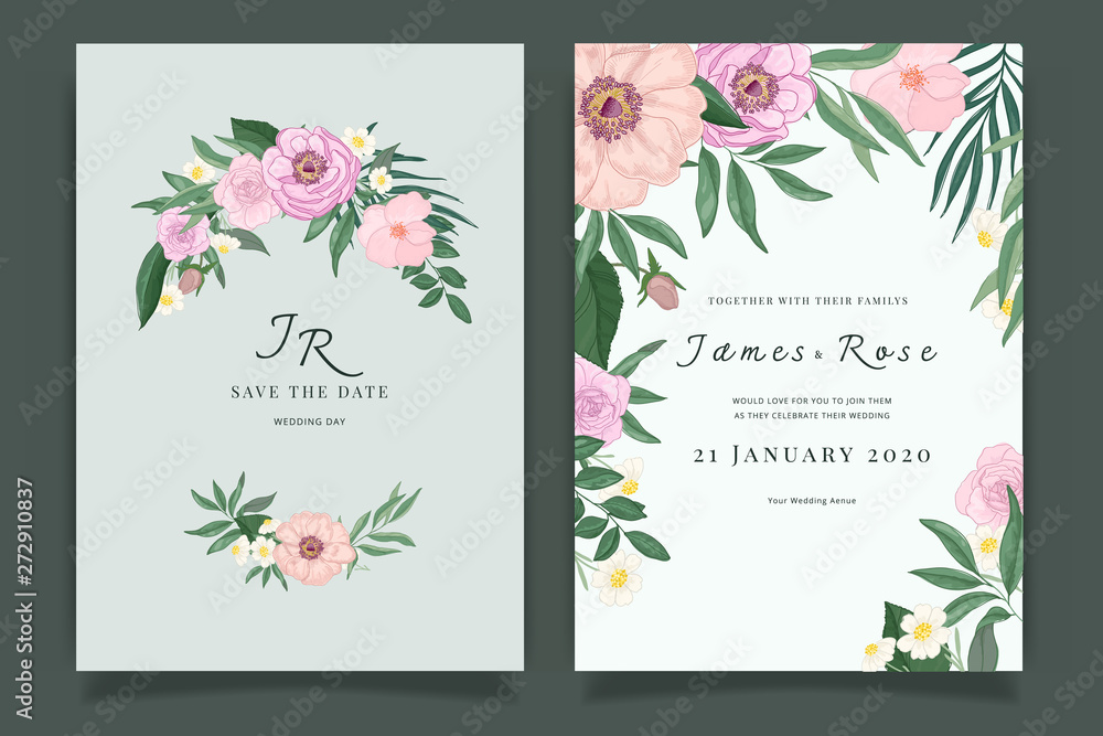 Emerald green Wedding Invitation, floral invite thank you, rsvp modern card Design in Pink Rose with leaf greenery  branches decorative Vector elegant rustic template