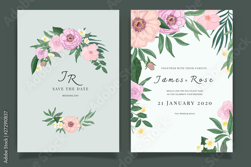Emerald green Wedding Invitation, floral invite thank you, rsvp modern card Design in Pink Rose with leaf greenery  branches decorative Vector elegant rustic template