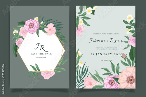 Emerald green Wedding Invitation, floral invite thank you, rsvp modern card Design in Pink Rose with leaf greenery  branches decorative Vector elegant rustic template