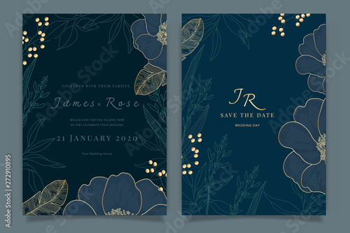Navy Blue Wedding Invitation, floral invite thank you, rsvp modern card Design in Gold Peony with red berry and leaf greenery  branches decorative Vector elegant rustic template