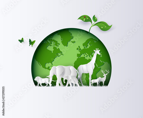 Green Earth with Wild Animals in Paper Cut Style