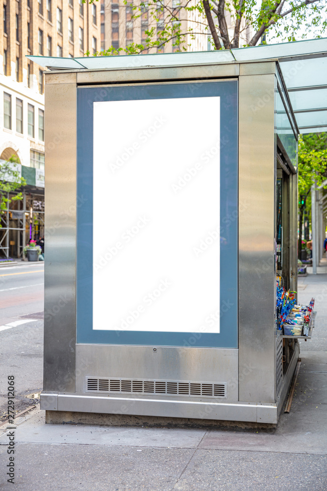 Blank billboard at bus stop for advertising, New York city buildings and street background - obrazy, fototapety, plakaty 
