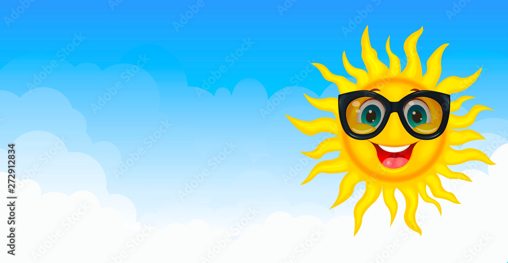 Joyful sun in the blue sky. Sun in sunglasses. A merry cartoon sun in protective glasses from the sun. A cheerful cartoon sun on a white background