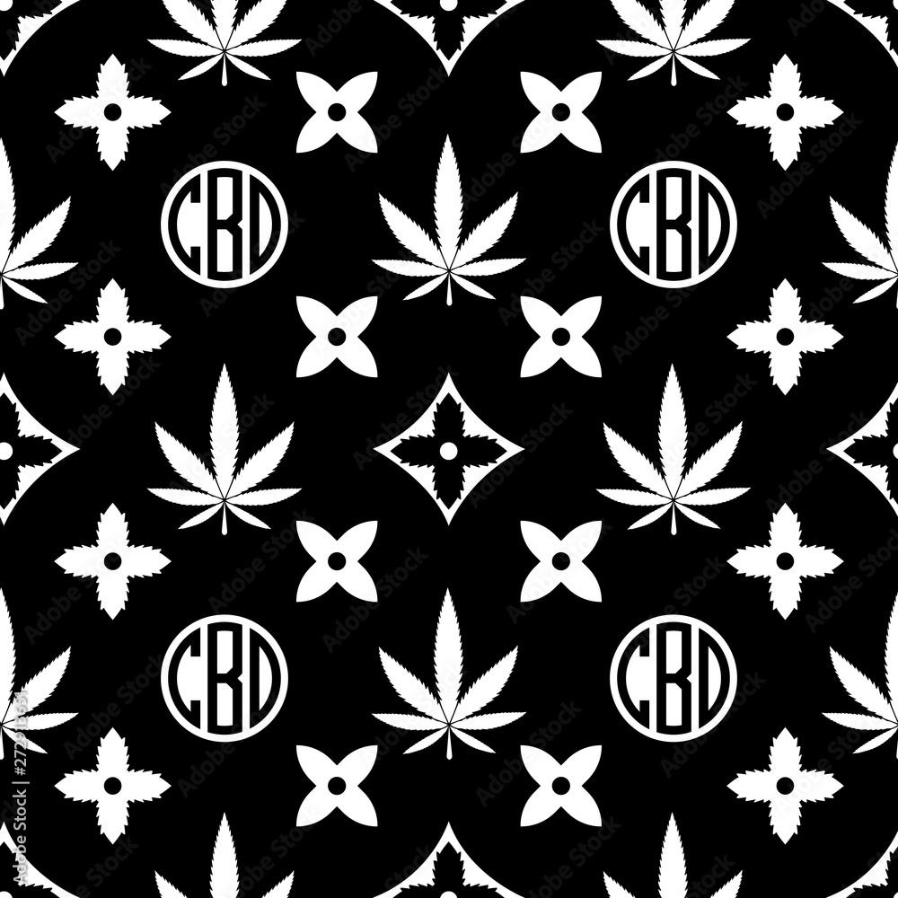 Marijuana seamless pattern. White on black Weed vector wallpaper