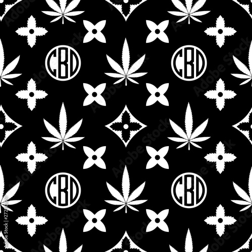 Marijuana seamless pattern. White on black Weed vector wallpaper. Cannabis leaf. Tile background. Vector illustration. For web, packaging, wrapping, fashion, decor, surface, graphic design