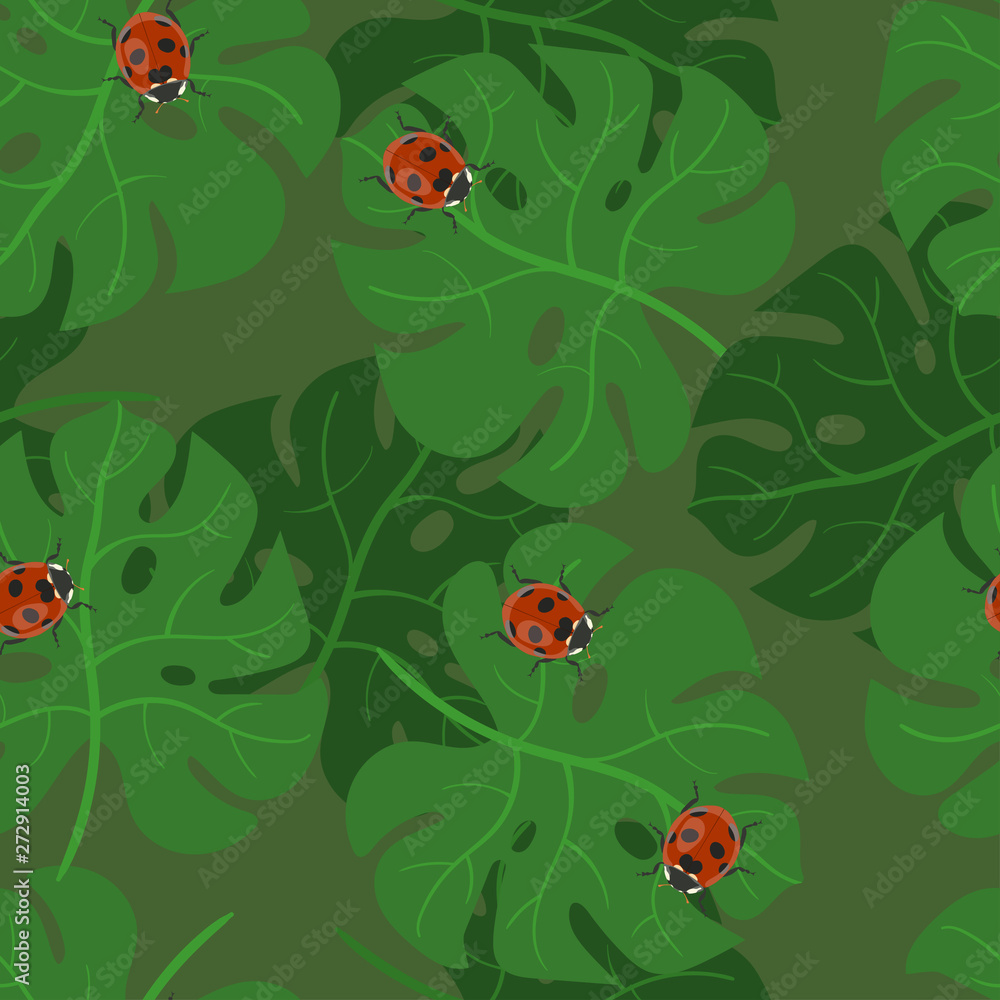 Monstera leaves seamless pattern with ladybugs. Vector texture of tropical leaves. Monstera leaves seamless pattern with ladybugs. Vector texture of tropical leaves.