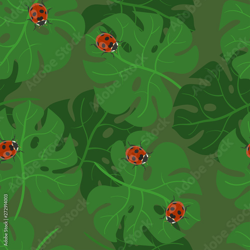 Monstera leaves seamless pattern with ladybugs. Vector texture of tropical leaves.