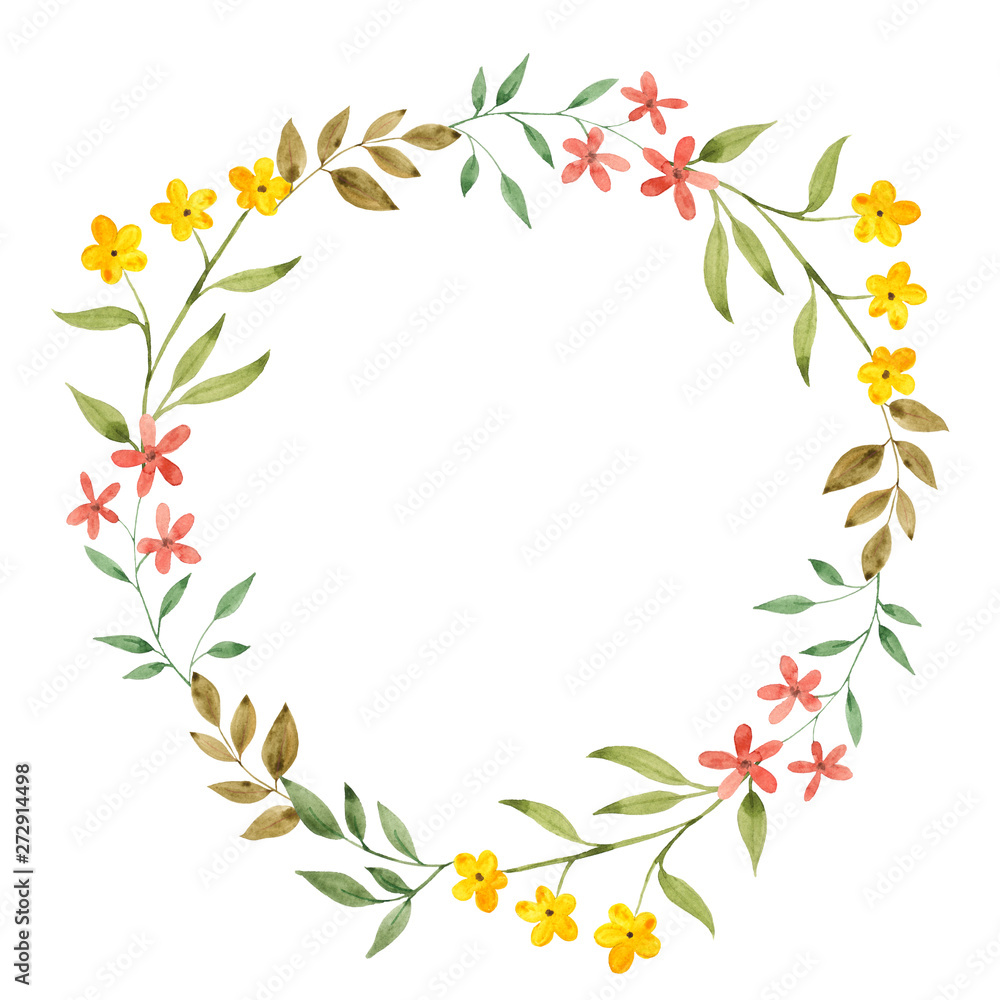 Wreath with watercolor leaves, flowers and branches, hand draw element isolated on white background