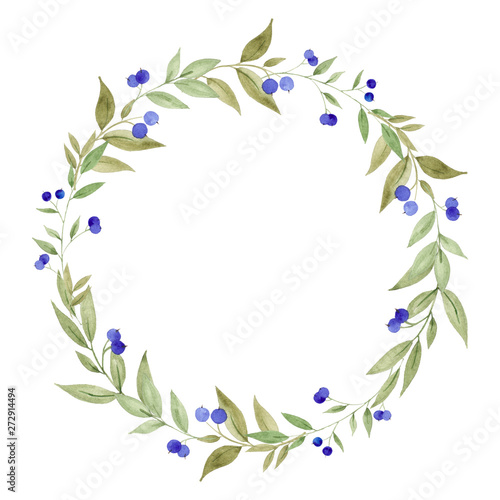 Wreath with watercolor leaves, flowers and branches, hand draw element isolated on white background