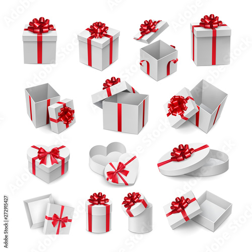 Various cardboard boxes with red ribbon bows mockup. Valentine day romantic gift box with red glossy tape decor. Many realistic containers isolated on white background vector illustration