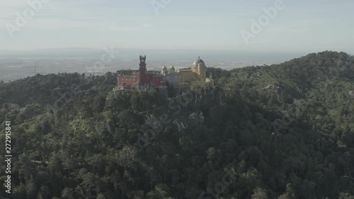 Sintra Pena and National palace in Portugal, 4k aerial drone sunset ungraded