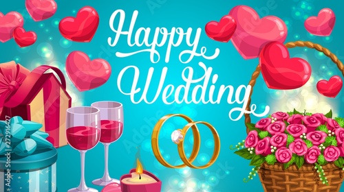 Wedding day greeting card, hearts symbols of love