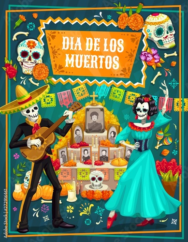Fotografia Mexican Day of the Dead sugar skulls, skeletons
