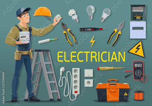 Electrician with electricity meter and work tools