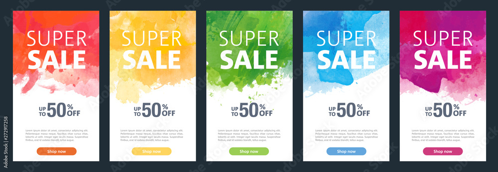 Watercolor background sale mobile banners design template set for social media marketing Watercolor background sale mobile banners design template set for social media marketing