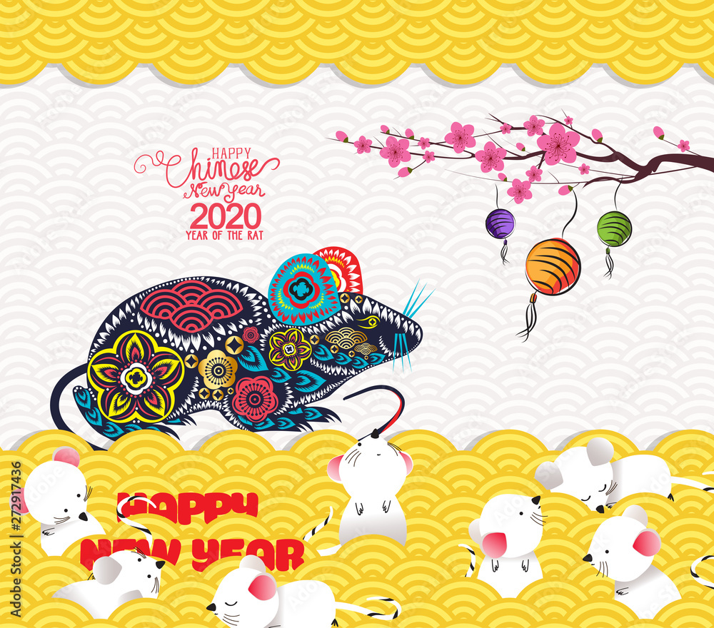 2020 chinese new year greeting card with traditionlal pattern border. Year of rat 2020 chinese new year greeting card with traditionlal pattern border. Year of rat