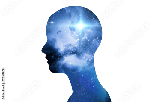 silhouette of virtual human with aura chakras on space nebula 3d illustration