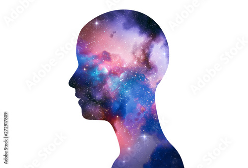 silhouette of virtual human with aura chakras on space nebula 3d illustration