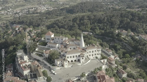 Sintra Pena and National palace in Portugal, 4k aerial drone sunset ungraded
