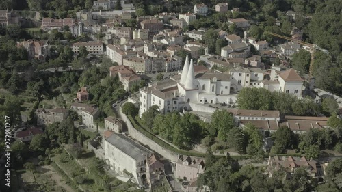 Sintra Pena and National palace in Portugal, 4k aerial drone sunset ungraded