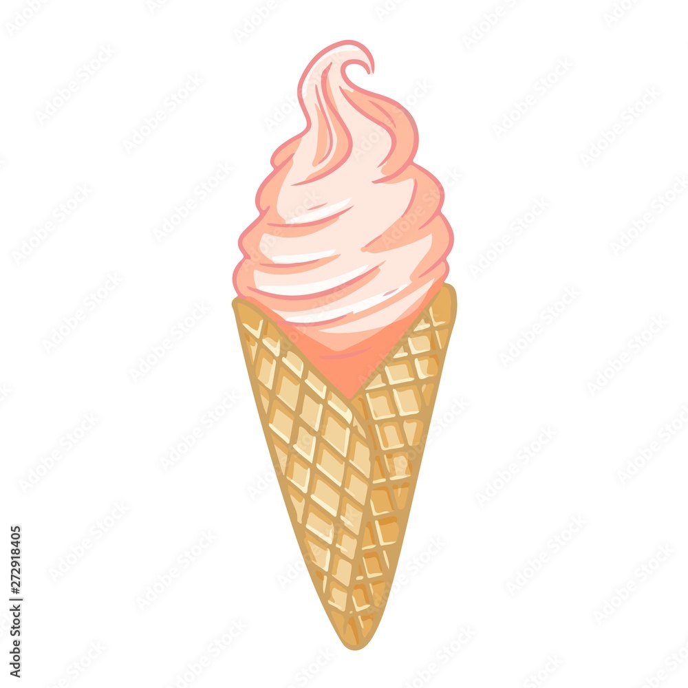 Pink ice cream in waffle cone. Cute cartoon style hand drawn isolated image Pink ice cream in waffle cone. Cute cartoon style hand drawn isolated image