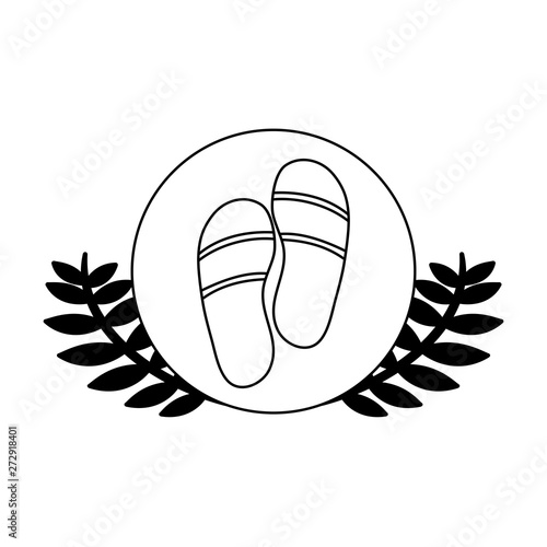 summer flip flops in frame circular with leafs