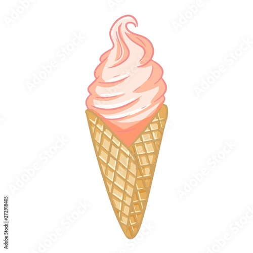 Pink ice cream in waffle cone. Cute cartoon style hand drawn isolated image