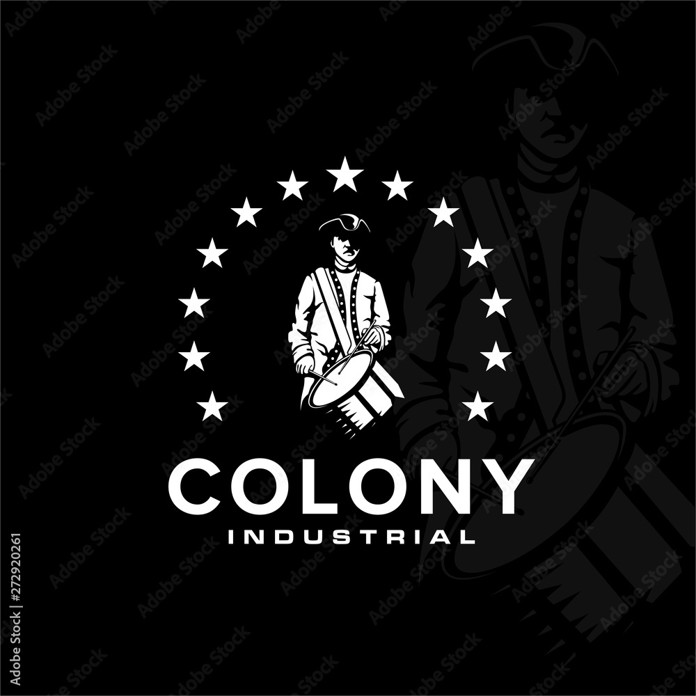 Colony logo design with negative space illustrations of soldiers wearing hats and carrying drum instruments surrounded by stars