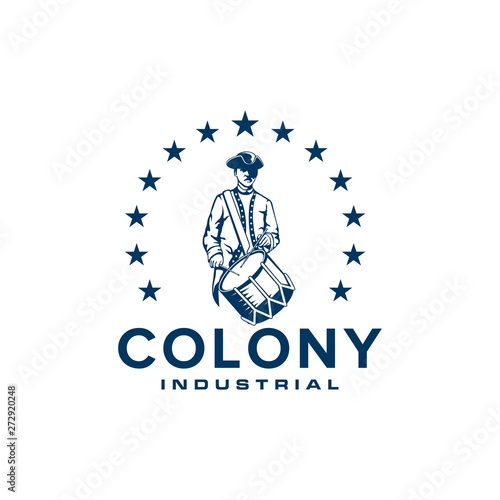 Colony logo design with illustrations of soldiers wearing hats and carrying drum instruments surrounded by stars photo