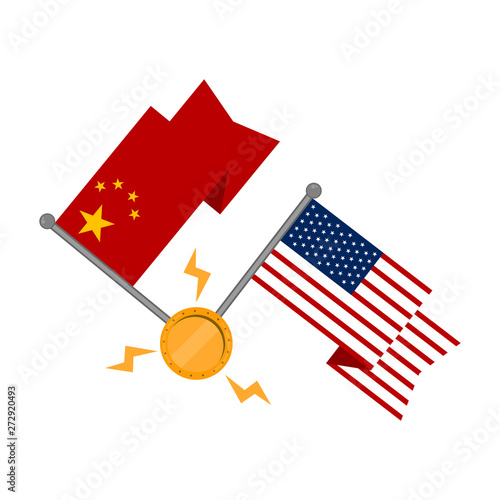 Waving flags of China an United states with a golden coin. Trade war concept - Vector