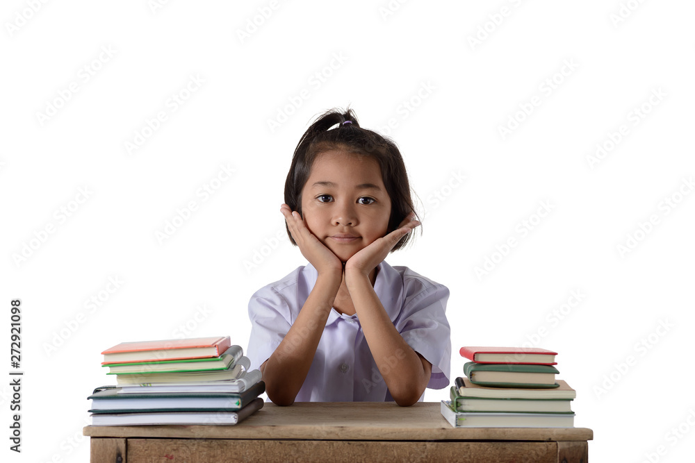 portrait of smiling little student asian girl with many books education and school concept isolated on white background portrait of smiling little student asian girl with many books education and school concept isolated on white background