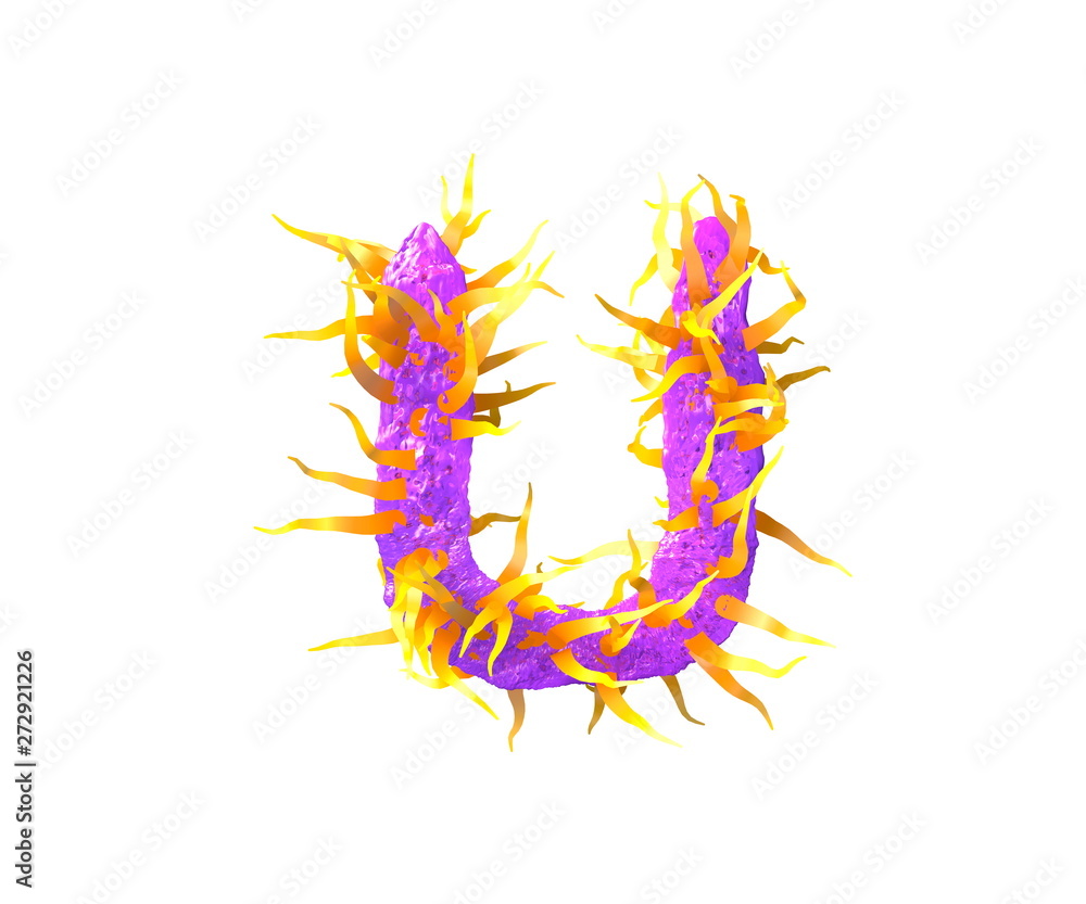 monstrous tentacles font - letter U isolated on white made of purple jelly and orange tentacles - cosmic invaders concept, 3D illustration of symbols