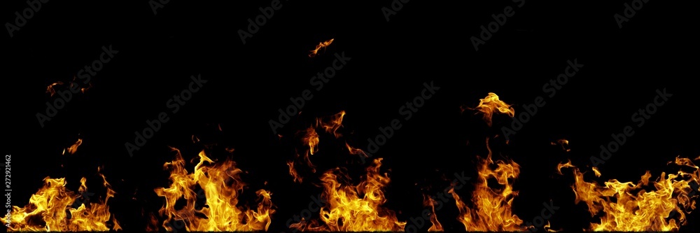 Real fire flames isolated on black background. Mockup on black of 5 flames.