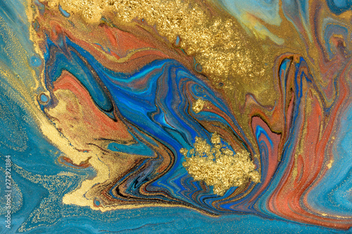 Blue marbling pattern. Golden marble liquid texture.