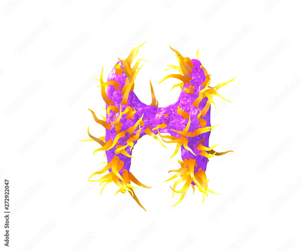 letter H isolated on white made of purple slime and yellow tentacles - alien font for cosmic invaders concept, 3D illustration of symbols letter H isolated on white made of purple slime and yellow tentacles - alien font for cosmic invaders concept, 3D illustration of symbols