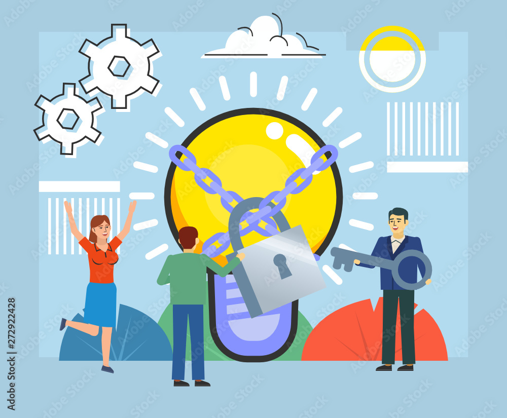 Find key, solution to success, unlock creativity. Man holds big key to open idea. Poster for web page, social media, banner, presentation. Flat design vector illustration Find key, solution to success, unlock creativity. Man holds big key to open idea. Poster for web page, social media, banner, presentation. Flat design vector illustration