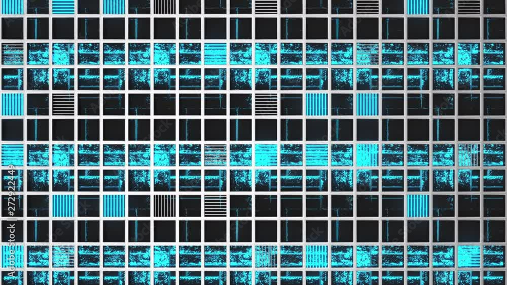 Animated futuristic background from metal grates with blue glowing elements Animated futuristic background from metal grates with blue glowing elements