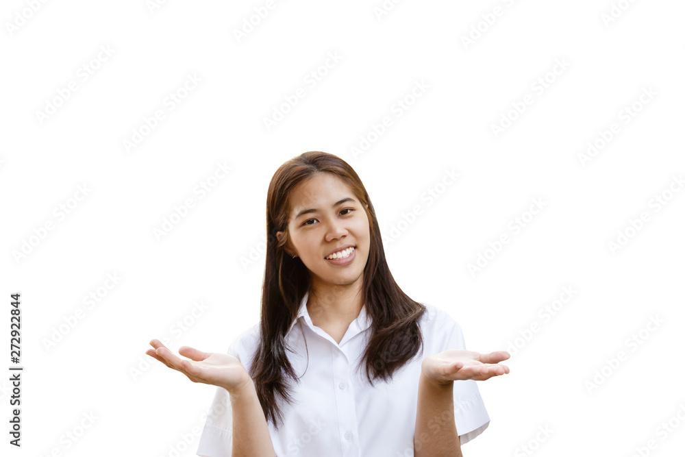 Smiling woman in university uniform with open hands in clipping path. Smiling woman in university uniform with open hands in clipping path.