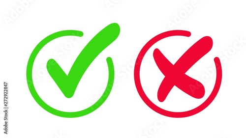 Green check mark, approval mark. Red cross, rejection sign. Green checkmark and red cross icon isolated on white background.