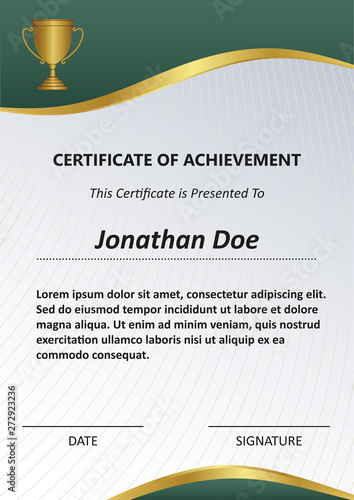 Certificate of achievement layout with gold and deep green accents