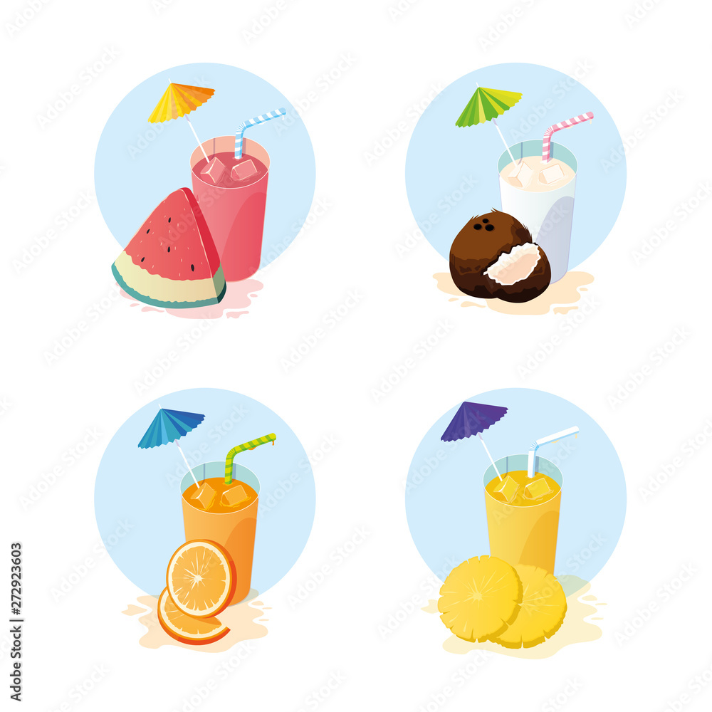 Juices with fruits icon set design