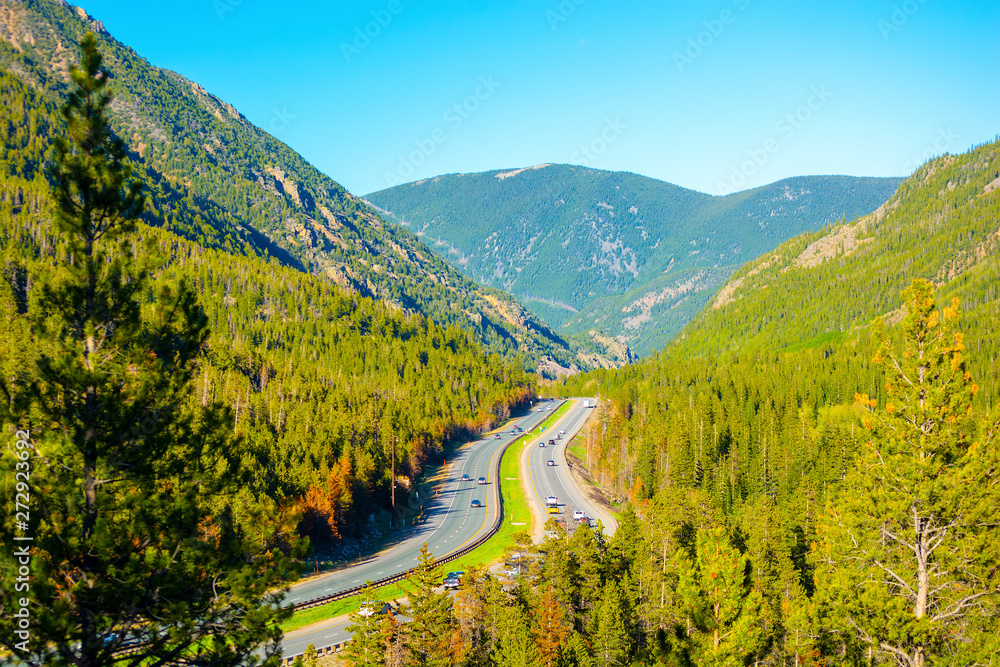 Interstate 70 (I-70) in the Rocky Mountains of Colorado on a Sunny Day