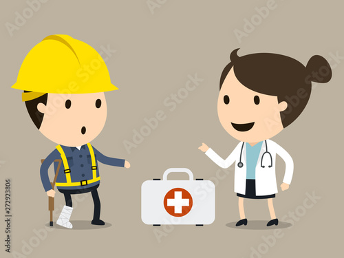 Doctor treats the worker, Safety and accident, Industrial safety cartoon, Vector illustration