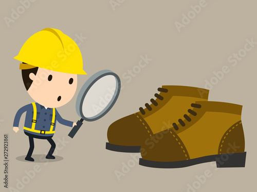 Shoes defect inspection, Safety and accident, Industrial safety cartoon, Vector illustration