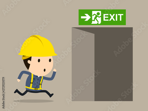 Workers escaping through the exit, Safety and accident, Industrial safety cartoon, Vector illustration