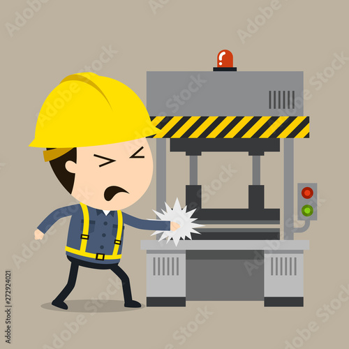 Accident during press operation, Vector illustration, Safety and accident, Industrial safety cartoon
