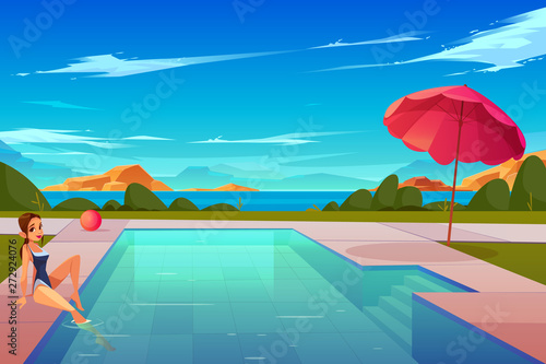 Leisure on summer vacation cartoon vector concept. Young attractive woman in swimsuit, sitting at swimming pool, dipping legs in water, resting and relaxing on tropical resort seashore illustration